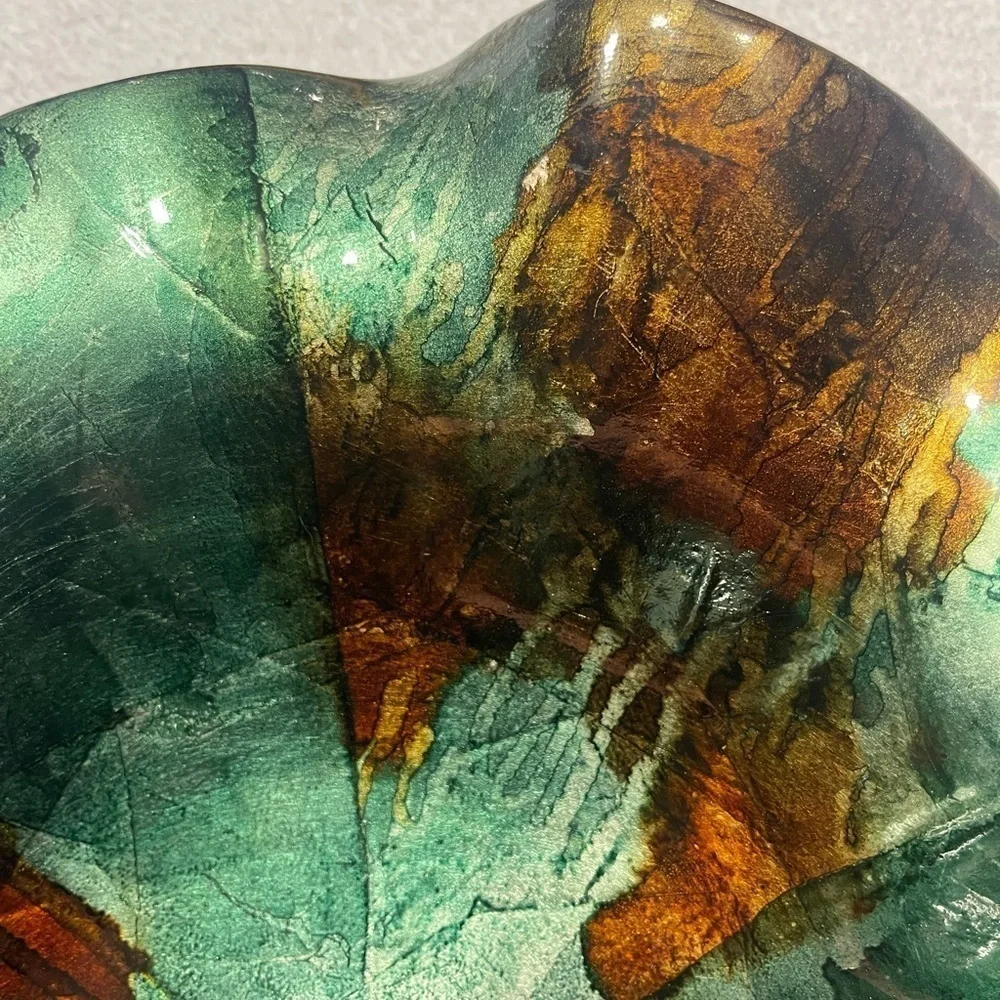 Rare decorative ceramic bowl turquoise/brown wavy edges and shiny finish